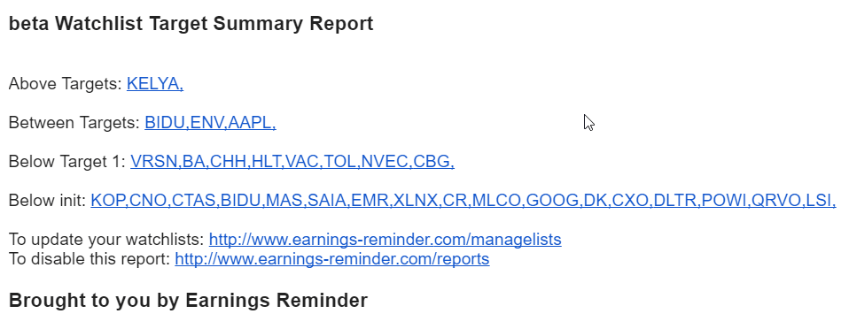 sample weekly watchlist target summary report